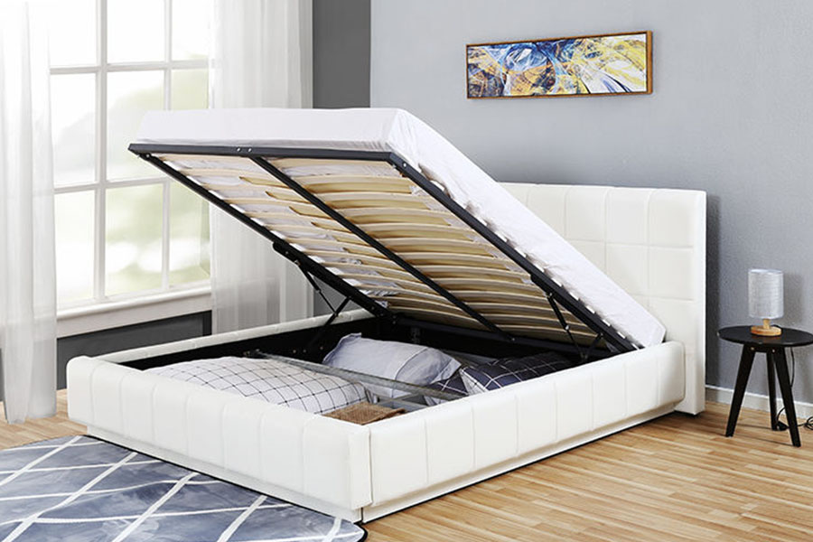 Cadre de lit rembourré de chambre à coucher de stockage en cuir blanc-PU LED à trois côtés 1305G