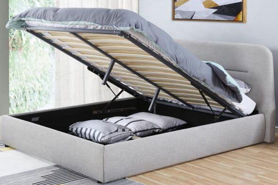 Cadre de lit de rangement rembourré King avec ascenseur à gaz en tissu LED Concave-Ravine 1388G