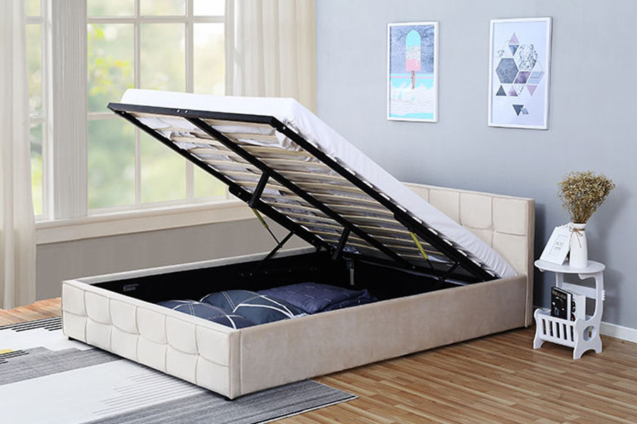 Cadre de lit de rangement ottoman rembourré en tissu avec tête de lit à panneau 1295G