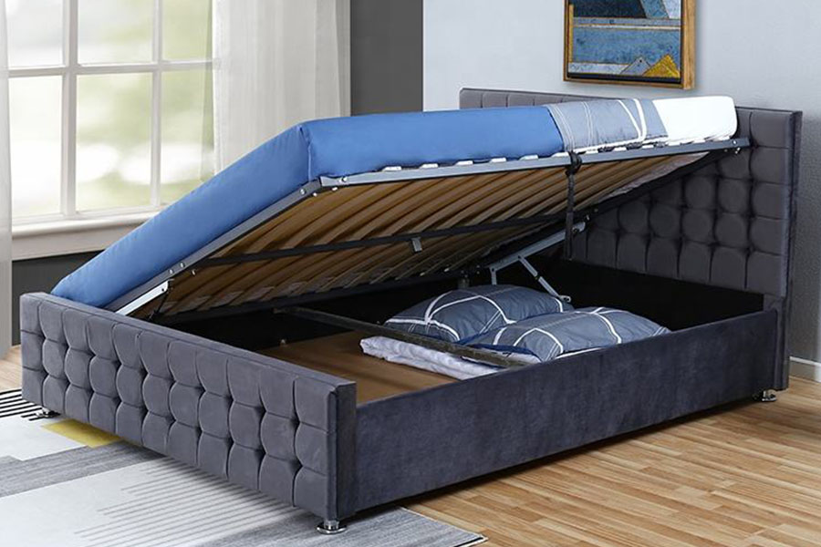 Cadre de lit de rangement ottoman king size en bois massif à panneau capitonné en velours 1354G