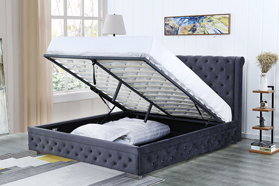 Cadre de lit de rangement rembourré Queen en bois massif et velours pelucheux 1293G