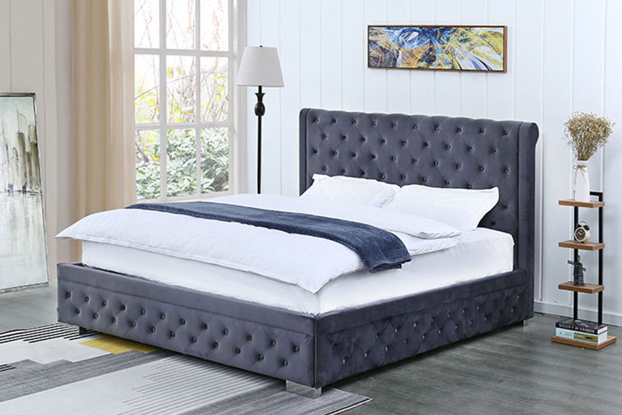 Cadre de lit de rangement rembourré Queen en bois massif et velours pelucheux 1293G