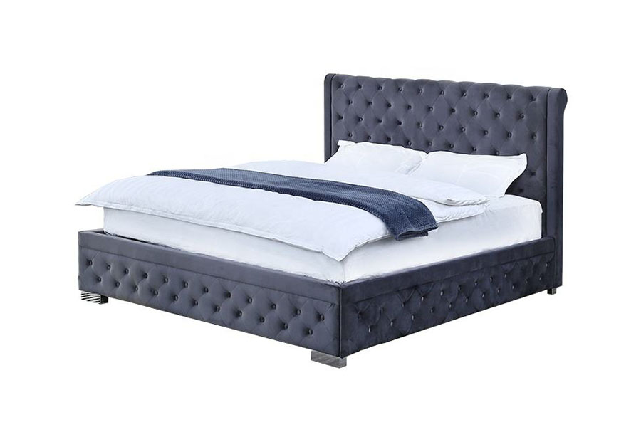 Cadre de lit de rangement rembourré Queen en bois massif et velours pelucheux 1293G