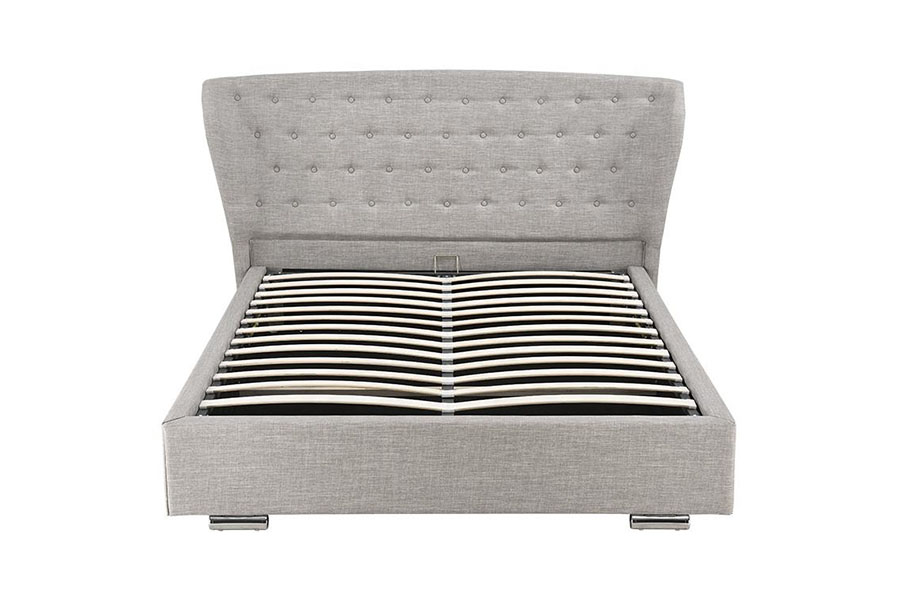 1292G Lit rembourré européen à oreilles en lin gris avec pieds en bois boutonnés