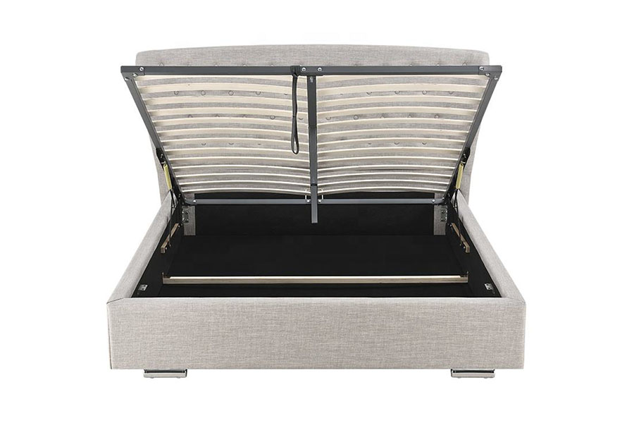 1292G Lit rembourré européen à oreilles en lin gris avec pieds en bois boutonnés