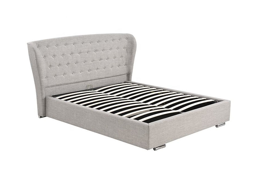 1292G Lit rembourré européen à oreilles en lin gris avec pieds en bois boutonnés