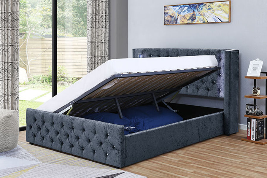 1290-1G Cadre de lit de rangement en bois avec LED en velours argenté et diamant ailé