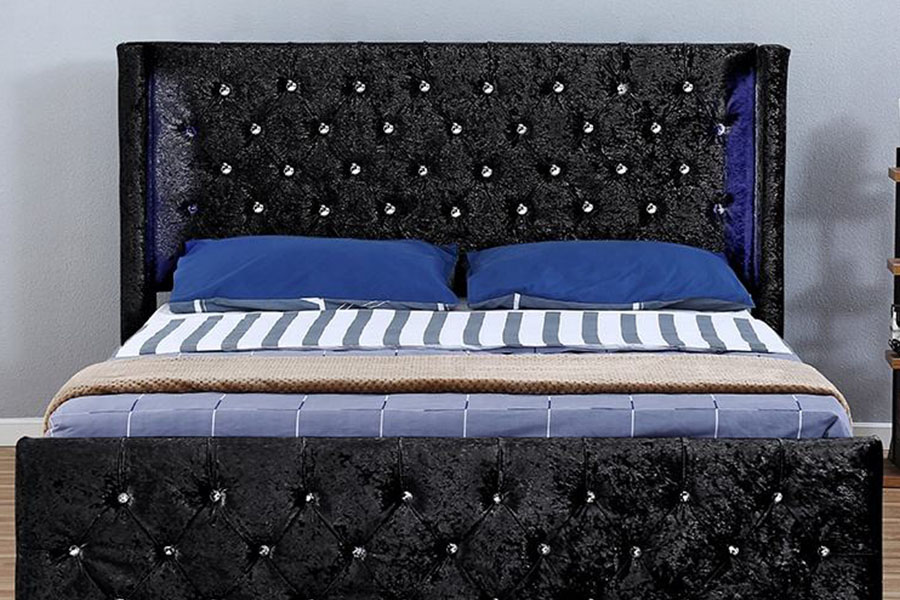 1290-1G Cadre de lit de rangement en bois avec LED en velours argenté et diamant ailé