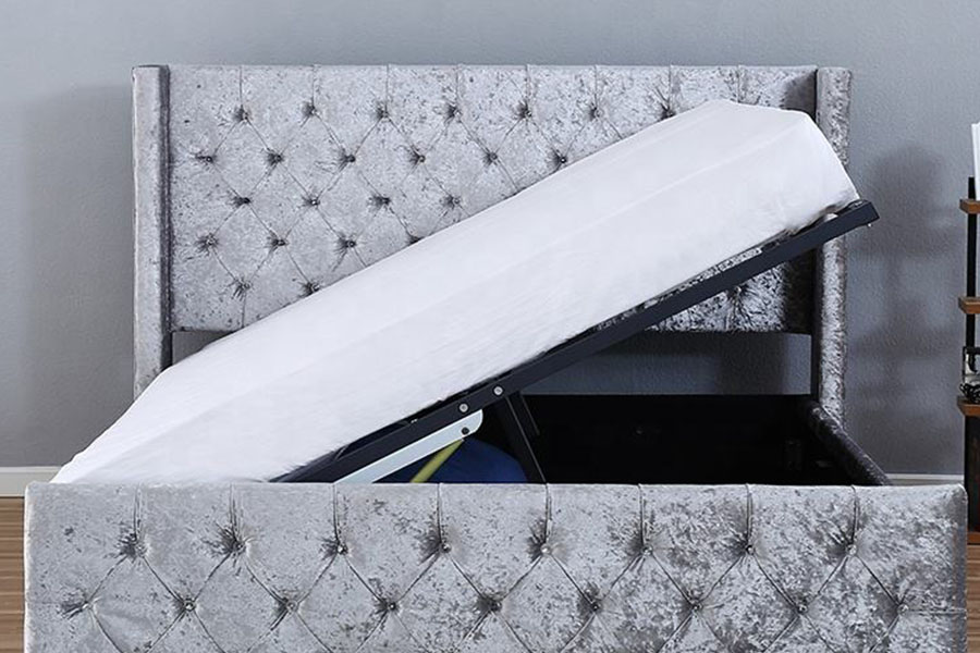 1290-1G Cadre de lit de rangement en bois avec LED en velours argenté et diamant ailé