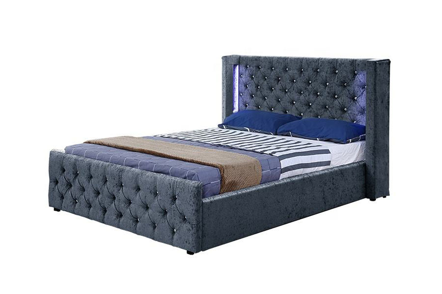 1290-1G Cadre de lit de rangement en bois avec LED en velours argenté et diamant ailé
