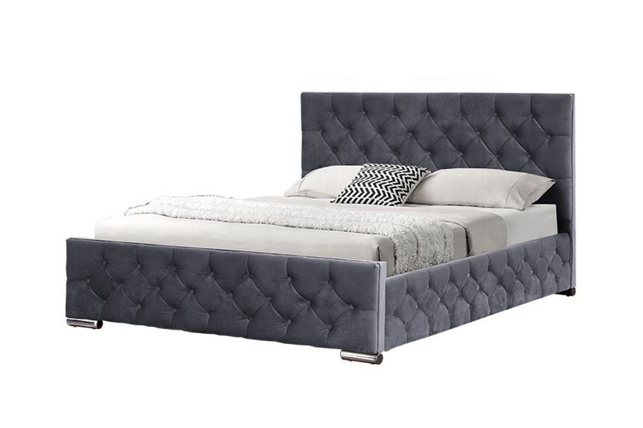Cadre de lit de rangement hydraulique avec pieds chromés et tissu gris capitonné en diamant 1253G