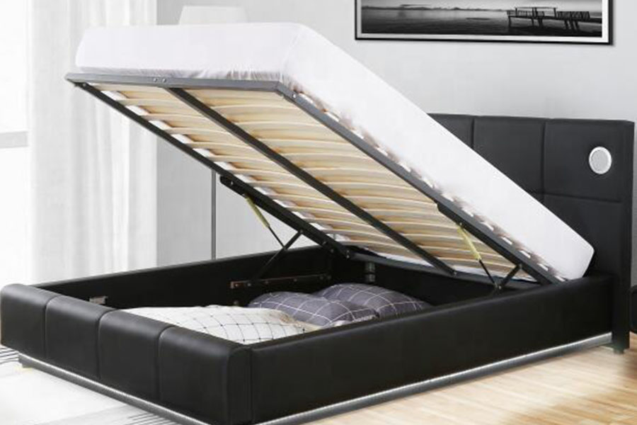 1239-1GS Cadre de lit de rangement avec haut-parleur de musique à LED en cuir PU