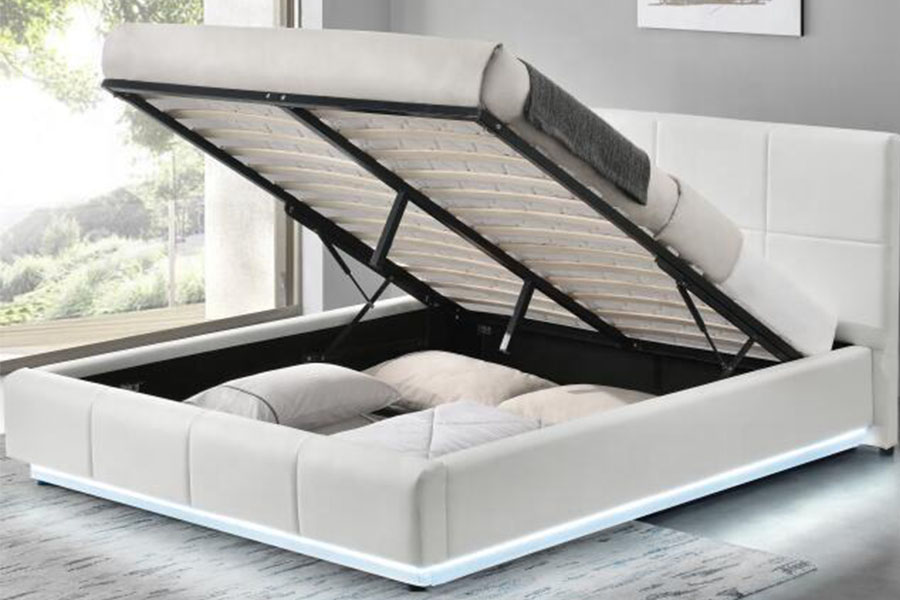 1239-1G Cadre de lit double rembourré à LED en similicuir blanc